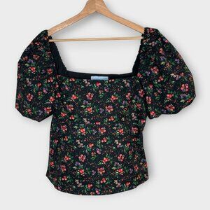 HILL HOUSE Matilda Top LARGE Berry Floral Taffeta Puff Sleeves Smocked